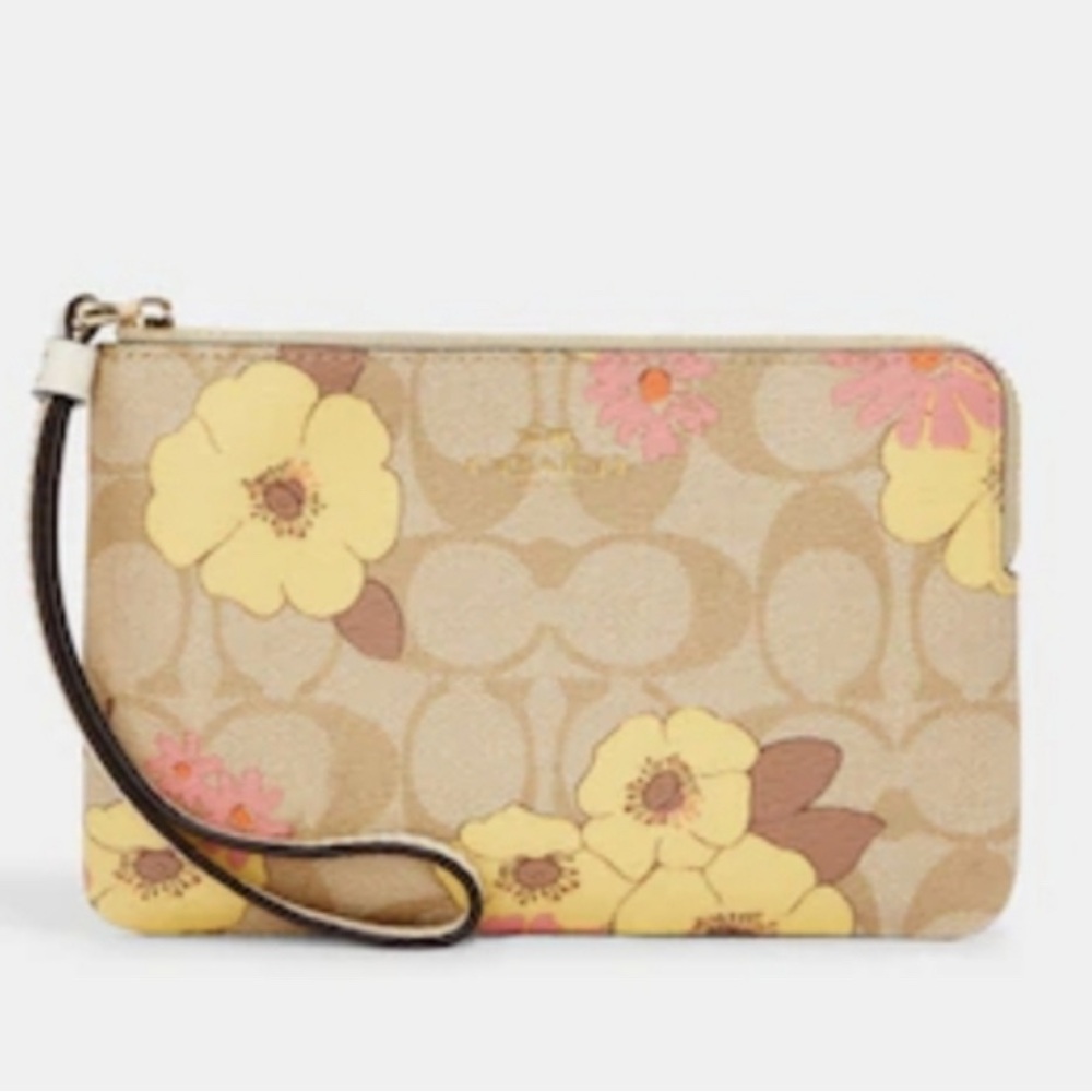 Coach Tan and Yellow Floral Wristlet